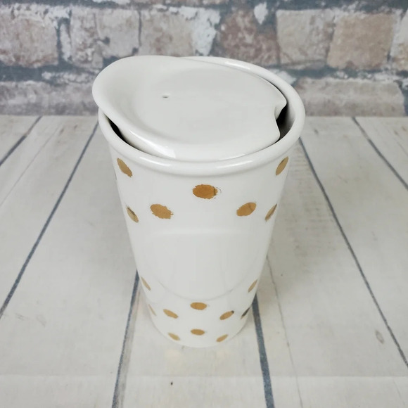 Starbucks Double Wall Travel Tumbler Dot Collection Gold Polka Dots White Lidded - Picture 2 of 10